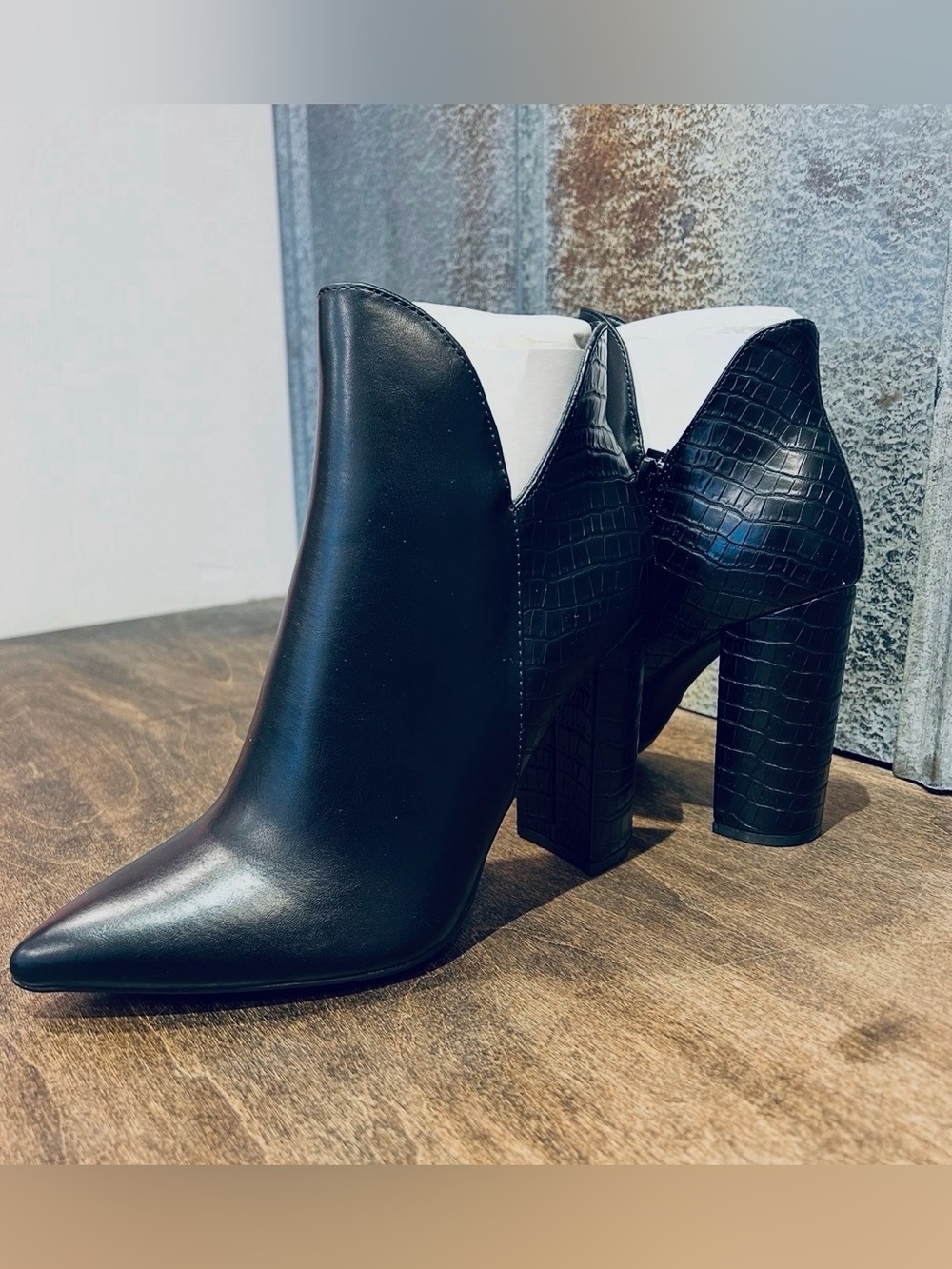Women's Black Pointed Toe Ankle Boot with Croc-Texture Heel